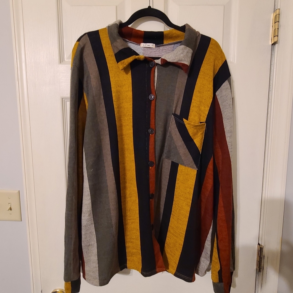 Striped Button-Up Shirt Jacket in Mustard, Navy & Rust